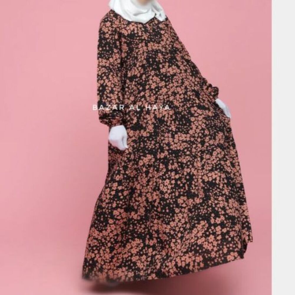 Bazar Al Haya Sadia Floral Abaya Maxi Dress Black Pink Cotton Zip Front XL NWT